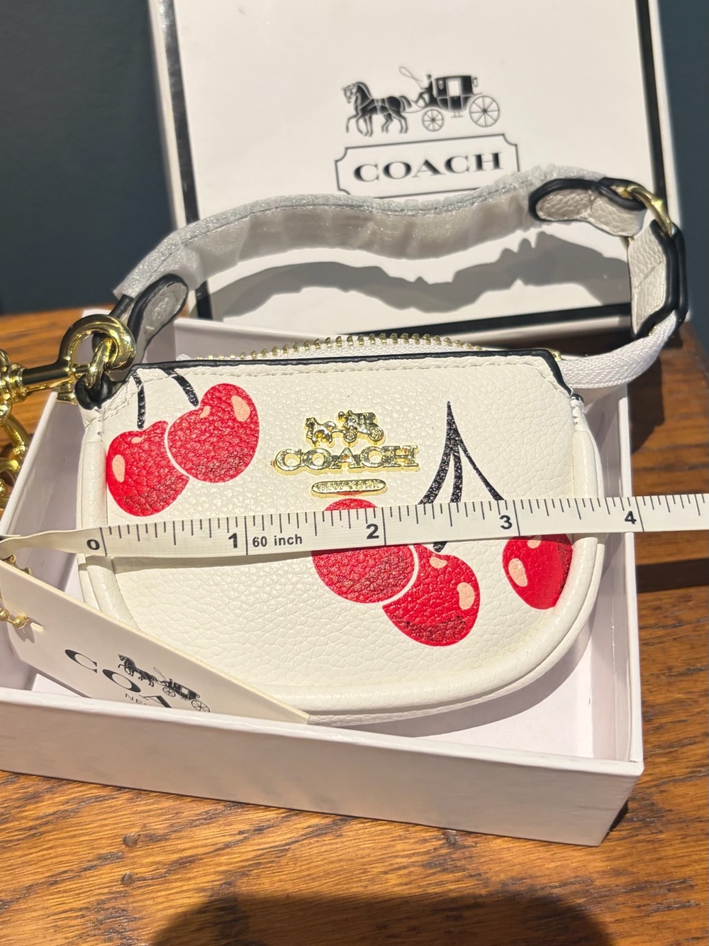 Cute White Mini Wristlet with Red Cherry Motif